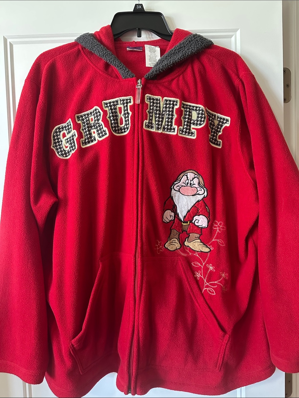 Disney Red Grumpy Fleece Hoodie with Embroidered Dwarf